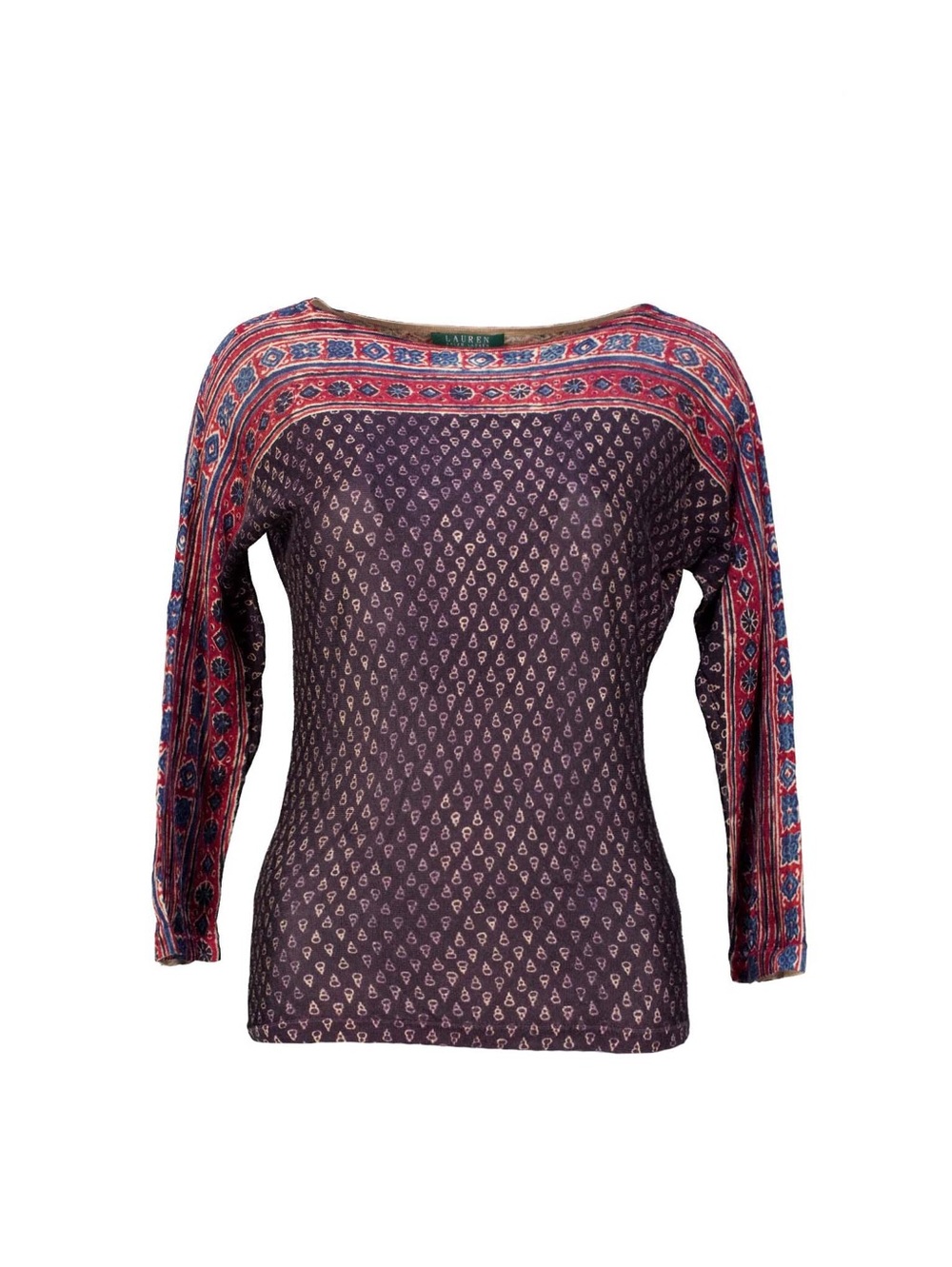 Ralph Lauren Patterened boatneck 3/4 quarter length sleeve fitted top large